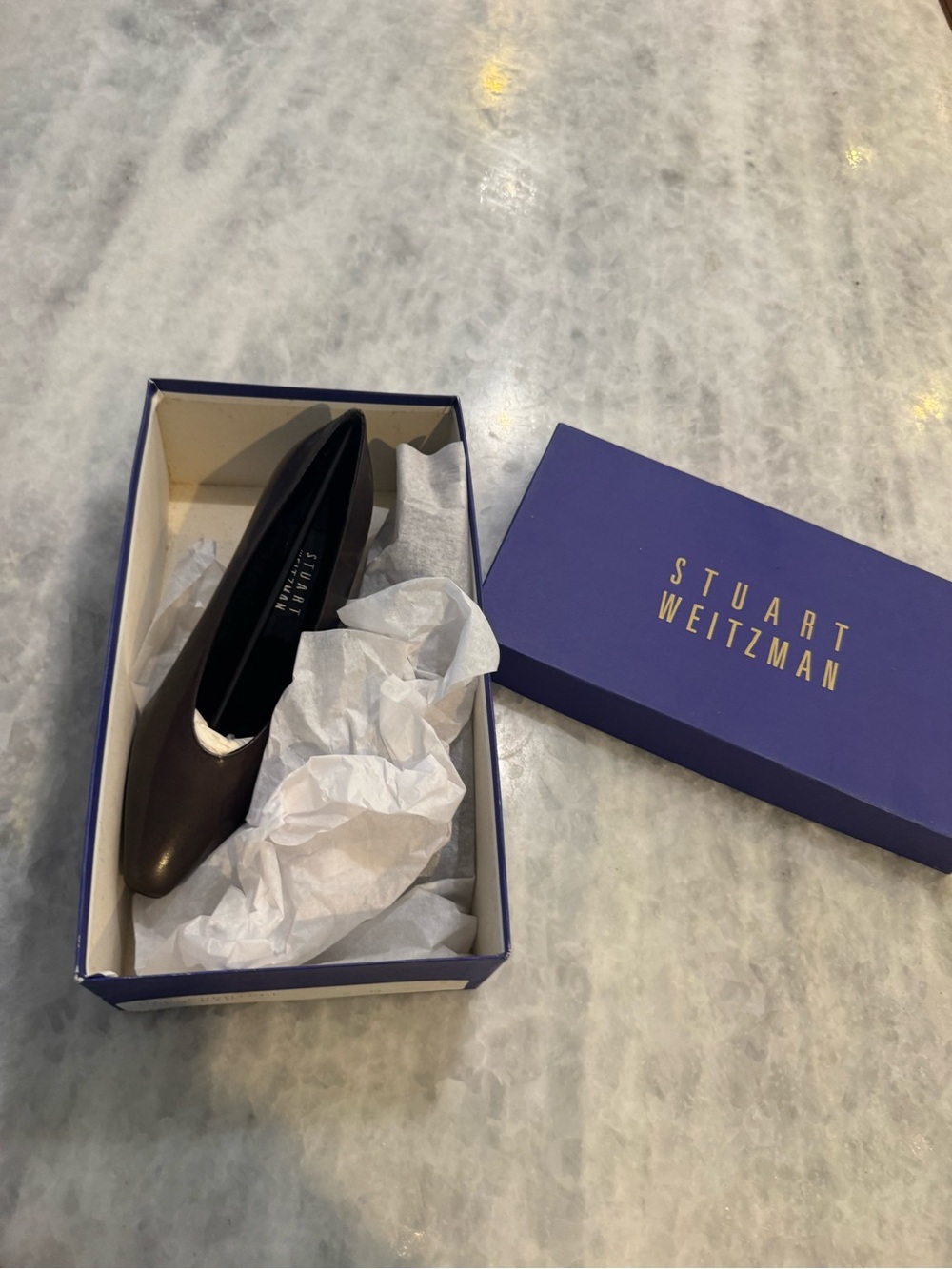 Stuart Weitzman Brown Corniche Cola Kid Pointed Toe Leather Pumps -Sleek Classic - Picture 2 of 11